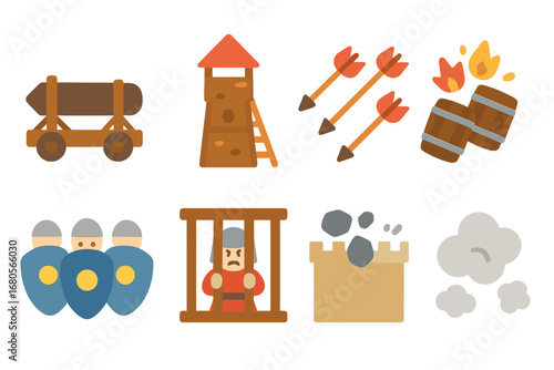 Medieval Siege Icons. Flat vector mini-illustrations defense tower siege in colors children's illustrations: battering ram, siege