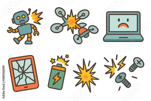Tech Disaster Icons. Flat vector mini-illustrations technological collisions in colors children's illustrations: robot crash,