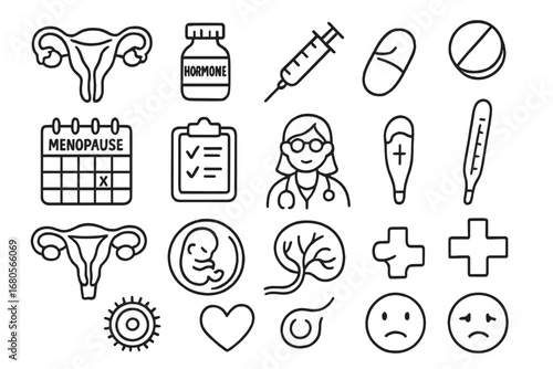 Menopause Symbols Doodle. Hand-drawn doodle illustration ovaries menopause ovaries, hormone vial, syringe, pill, calendar,