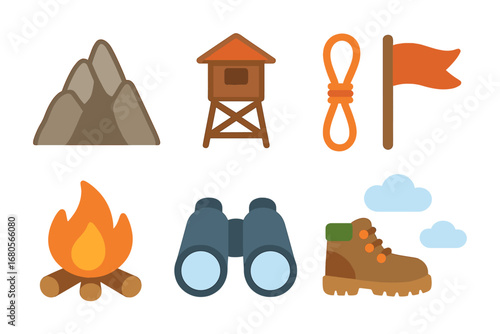 Mountain Adventure Icons. Flat vector mini-illustrations mountain lookout in colors children's illustrations: rocky peak,