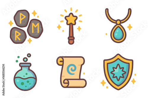 Mystical Spells Icons. Flat vector mini-illustrations mystical spells in colors children's illustrations: glowing runes, magic