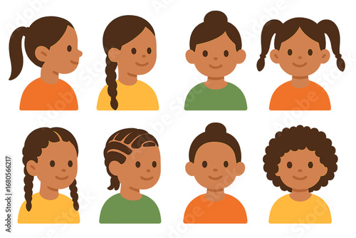 Tight Hair Styles Grid. Flat vector mini-illustrations tight hair styles in colors children's illustrations: tight ponytail, tight