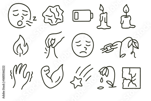 Tiredness and Despair Sketch. Hand-drawn doodle illustration tiredness and feebleness drooping eyelids, yawning face, crumpled