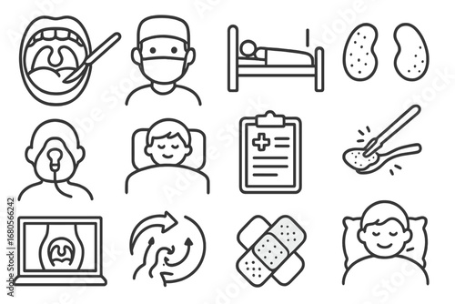Tonsil Surgery Icons. Hand-drawn doodle illustration tonsil removal surgery icon, tonsil scalpel, mouth open, doctor face,