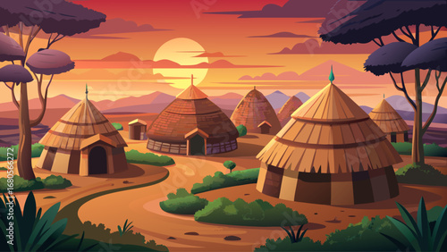 Kasubi Tombs, Uganda, rise with thatched domes and concentric wooden structures. Evening glow filters through; semi-realistic flat vector focusing on circular rhythm, warm tones, and sacred calm.