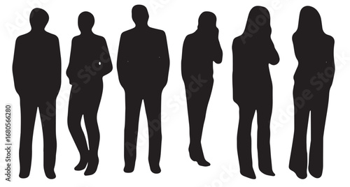 Vector Silhouettes of People, Standing and Walking Figures, Isolated on White Background