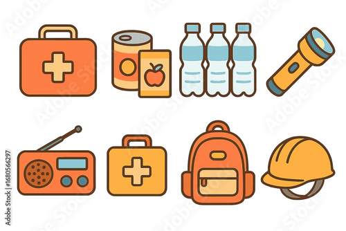 Tsunami Preparedness Icons. Flat vector mini-illustrations tsunami preparedness in colors children's illustrations: emergency kit,
