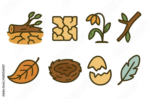 Nature's Fragility Icons. Flat vector mini-illustrations broken nature in colors children's illustrations: fallen tree, cracked