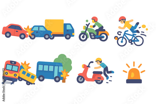 Vehicle Collisions Illustrations. Flat vector mini-illustrations vehicle collisions in colors children's illustrations: car crash,