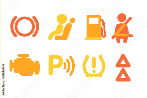 Vehicle Alert Icons. Flat vector mini-illustrations vehicle alert in colors children's illustrations: brake warning light, airbag