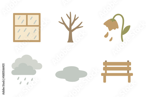 Nature's Melancholy Icons. Flat vector mini-illustrations sadness in nature in colors children's illustrations: rainy window, bare