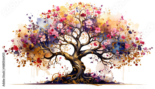 Watercolor Tree with Colorful Flowers and Leaves.