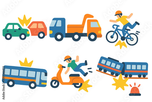 Vehicle Collisions Illustrations. Flat vector mini-illustrations vehicle collisions in colors children's illustrations: car crash,