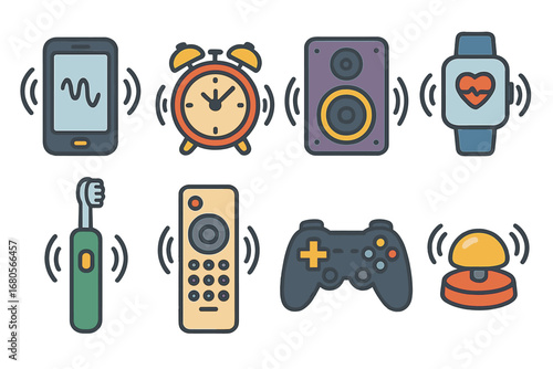 Vibrant Device Icons. Flat vector mini-illustrations vibration devices in colors children's illustrations: vibrating phone, alarm