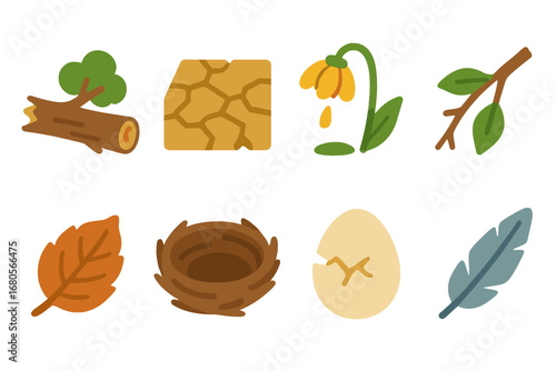 Nature's Fragility Icons. Flat vector mini-illustrations broken nature in colors children's illustrations: fallen tree, cracked