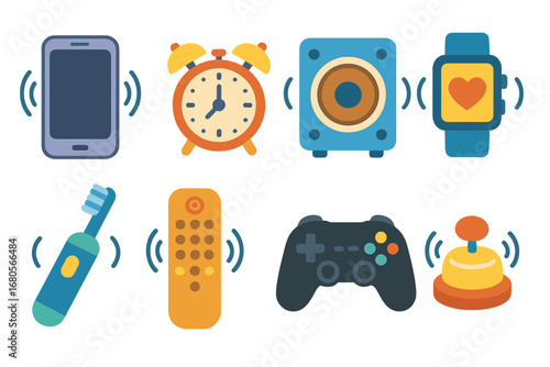 Vibrant Device Icons. Flat vector mini-illustrations vibration devices in colors children's illustrations: vibrating phone, alarm