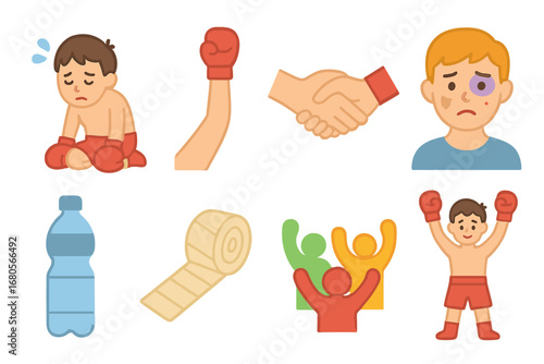Victory and Recovery Icons. Flat vector mini-illustrations fight aftermath in colors children's illustrations: tired fighter,