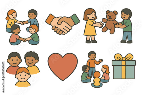Orphan Support Icons. Flat vector mini-illustrations orphan support groups in colors children's illustrations: group circle,