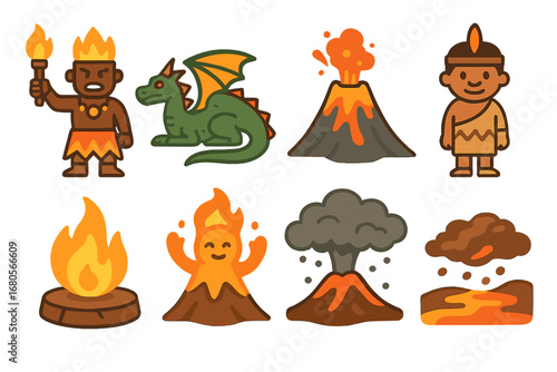 Volcanic Myths Icons. Flat vector mini-illustrations volcanic myths and legends in colors children's illustrations: fire god,