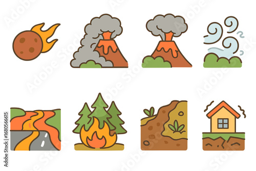 Volcano Hazard Icons. Flat vector mini-illustrations volcano hazards in colors children's illustrations: lava bomb, pyroclastic