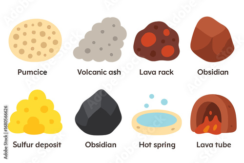 Volcanic Materials Illustrations. Flat vector mini-illustrations volcanic materials in colors children's illustrations: pumice