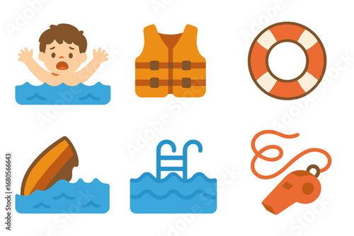 Water Safety Icons. Flat vector mini-illustrations water accidents in colors children's illustrations: drowning child, life jacket