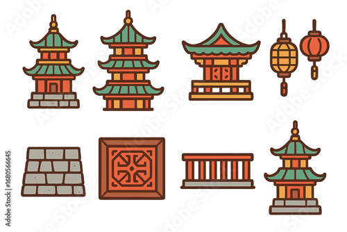 Pagoda Architecture Icons. Flat vector mini-illustrations pagoda architecture in colors children's illustrations: tiered roofs,