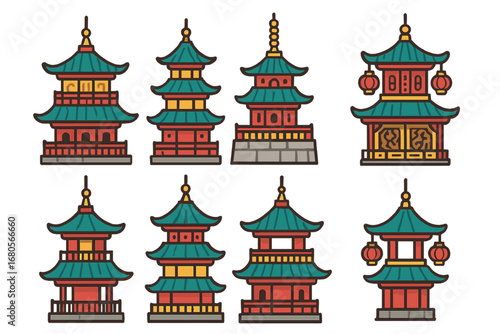 Pagoda Architecture Icons. Flat vector mini-illustrations pagoda architecture in colors children's illustrations: tiered roofs,