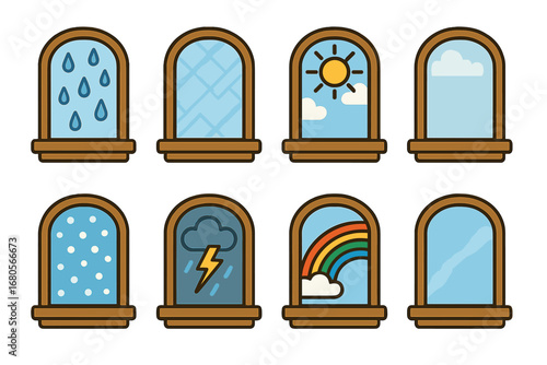 Weather Window Icons. Flat vector mini-illustrations window in different weather in colors children's illustrations: rainy window