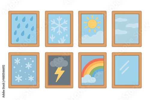 Weather Window Icons. Flat vector mini-illustrations window in different weather in colors children's illustrations: rainy window