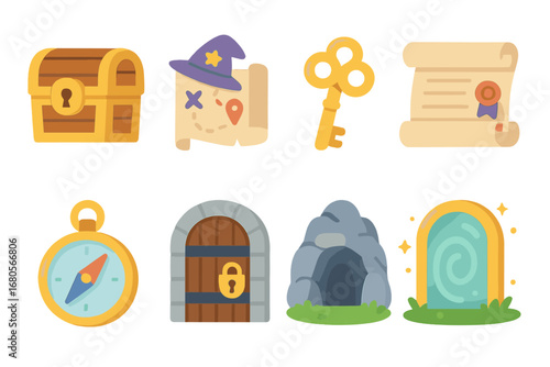 Wizard Quest Icons. Flat vector mini-illustrations wizard quests in colors children's illustrations: treasure chest, magic map,