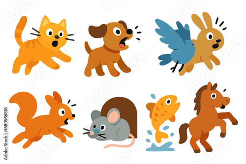 Playful Animal Icons. Flat vector mini-illustrations startled animals in colors children's illustrations: cat jumping, dog barking