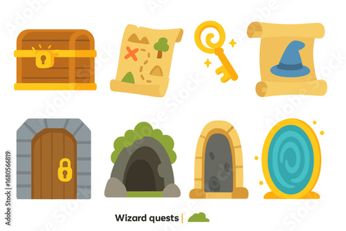 Wizard Quest Icons. Flat vector mini-illustrations wizard quests in colors children's illustrations: treasure chest, magic map,
