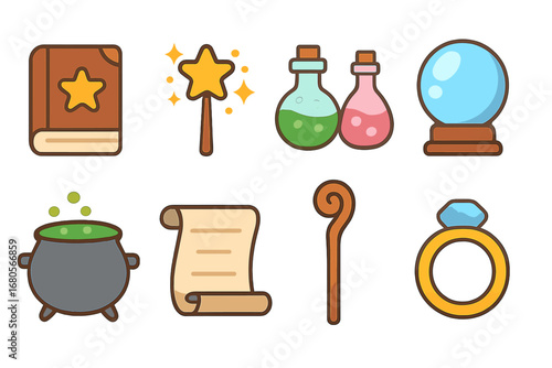 Wizard's Icon Set. Flat vector mini-illustrations wizard tools in colors children's illustrations: spell book, magic wand, potion