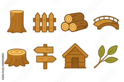 Wooden Nature Icons. Flat vector mini-illustrations wooden nature elements in colors children's illustrations: tree trunk, wooden