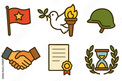World History Icons. Flat vector mini-illustrations world history events in colors children's illustrations: revolution flag,