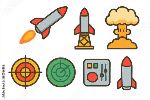 Playful Missile Icons. Flat vector mini-illustrations missile in colors children's illustrations: flying missile, launch pad,