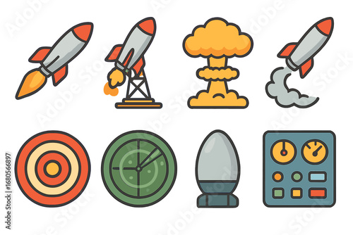 Playful Missile Icons. Flat vector mini-illustrations missile in colors children's illustrations: flying missile, launch pad,