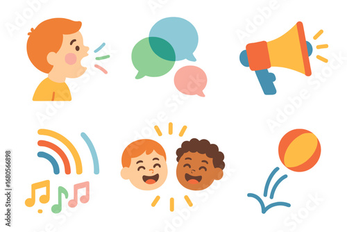 Playful Sound Icons. Flat vector mini-illustrations playful echo in colors children's illustrations: children shouting, echo