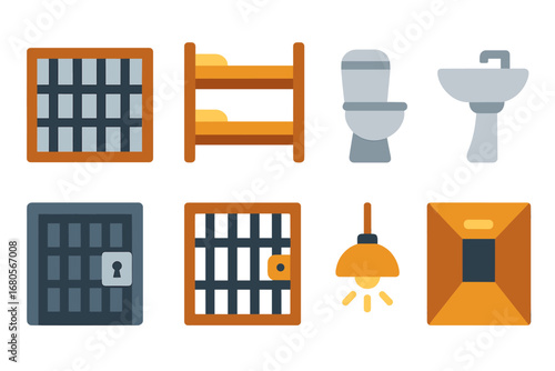 Prison Cell Icons. Flat vector mini-illustrations prison cells in colors children's illustrations: barred window, bunk bed, toilet