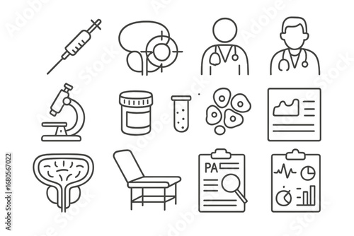 Prostate Biopsy Icons. Hand-drawn doodle illustration prostate biopsy biopsy needle, prostate gland, target mark, doctor symbol,