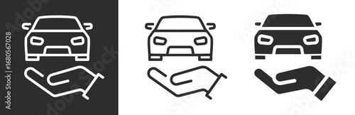 flat and linear set icons, car on hand icon, simple symbols on white and black background - editable stroke vector illustration