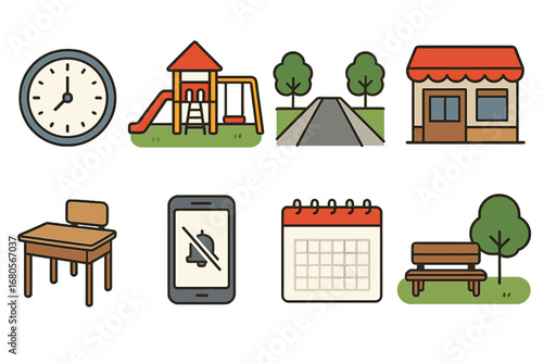 Quiet Daily Life Icons. Flat vector mini-illustrations isolation daily life in colors children's illustrations: clock, empty