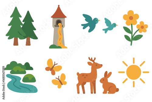 Rapunzel's Tower Haven. Flat vector mini-illustrations Rapunzel nature around tower in colors children's illustrations: tall trees