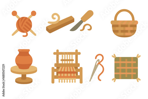 Rustic Craft Icons. Flat vector mini-illustrations rustic crafts in colors children's illustrations: knitting needles, wooden