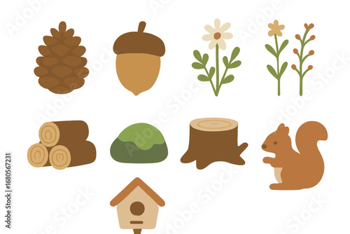 Rustic Nature Icons. Flat vector mini-illustrations rustic nature in colors children's illustrations: pine cone, acorn, log pile,