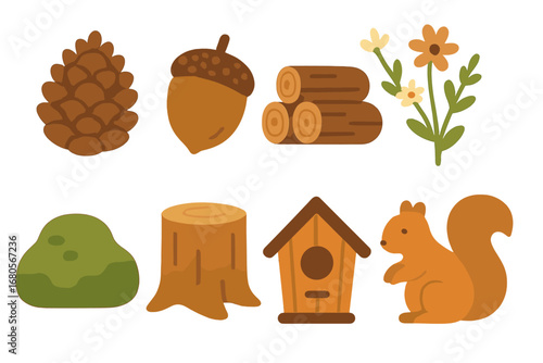 Rustic Nature Icons. Flat vector mini-illustrations rustic nature in colors children's illustrations: pine cone, acorn, log pile,