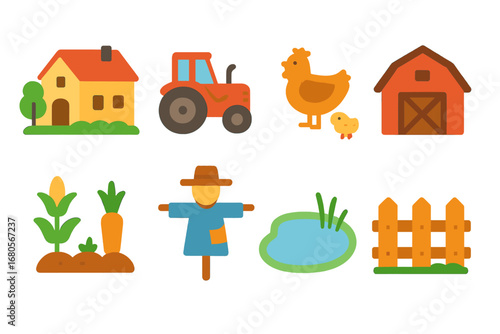Rural Village Icons. Flat vector mini-illustrations rural village life in colors children's illustrations: farmhouse, tractor,