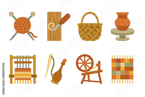 Rustic Craft Icons. Flat vector mini-illustrations rustic crafts in colors children's illustrations: knitting needles, wooden