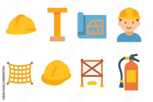 Safety and Emotions. Flat vector mini-illustrations collapse prevention in colors children's illustrations: safety helmet, support